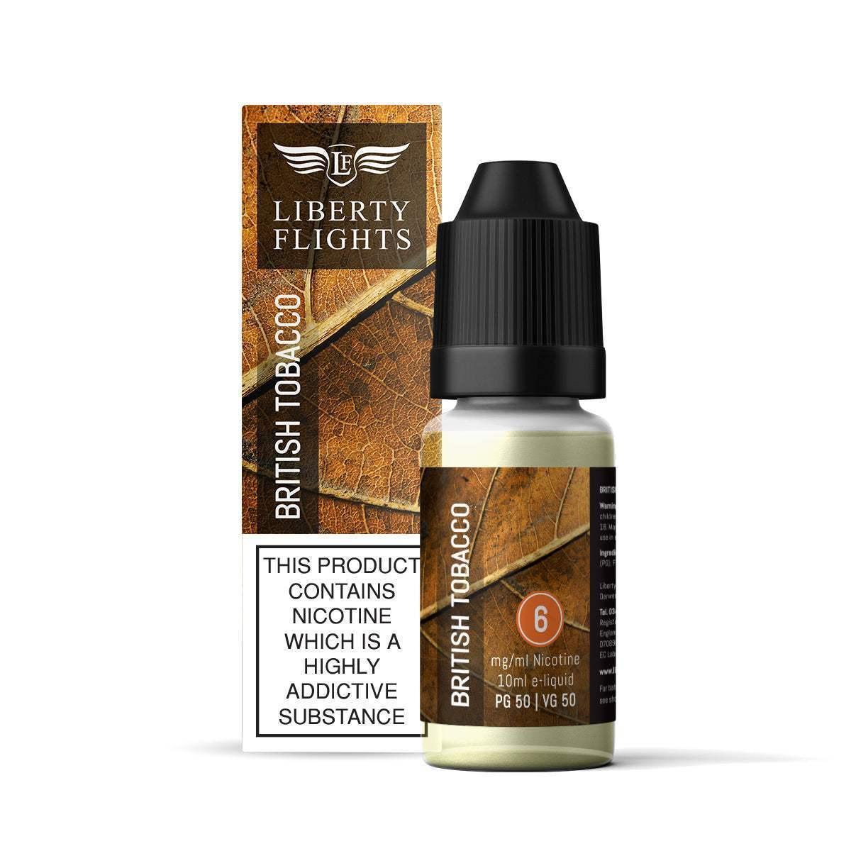 BRITISH TOBACCO - 10ML E-LIQUID 50VG|50PG BY LIBERTY FLIGHTS - 0MG|3MG|6MG|12MG|18MG - 1X|5X|10X BOTTLES - VapePure